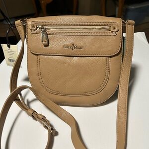 Cole Haan Tan Pebbled Leather Crossbody with Front Zip